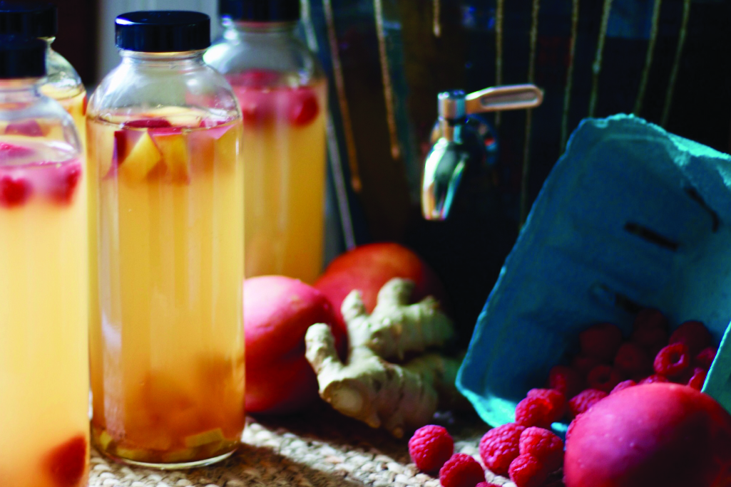 fermented Kombucha with berries, ginger and peaches